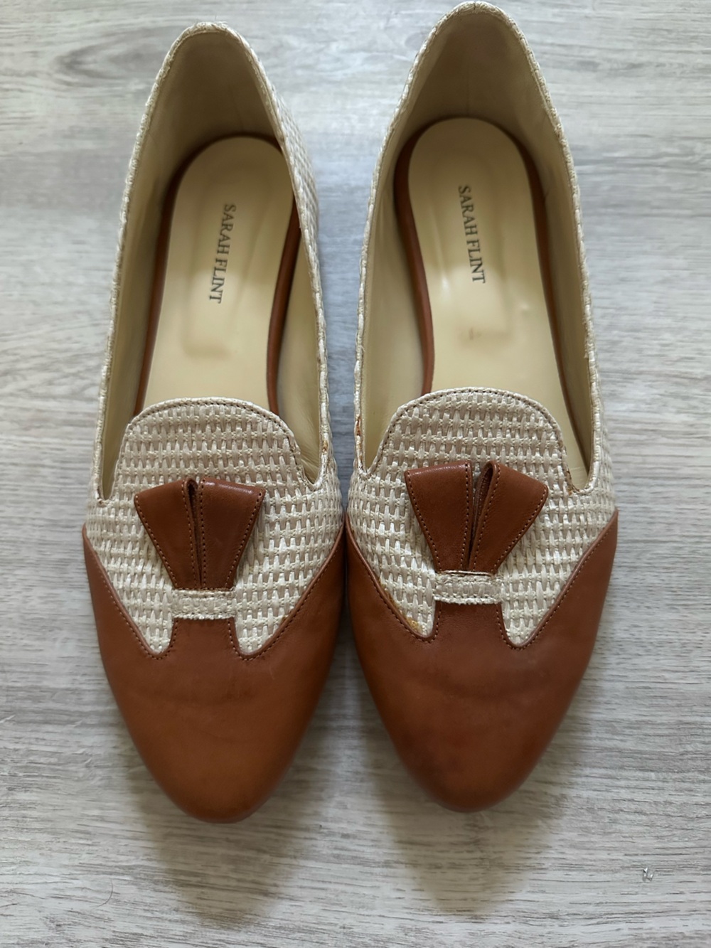 Sarah Flint Natalie Raffia Cognac Leather Bow Flats EU 40 Made in Italy